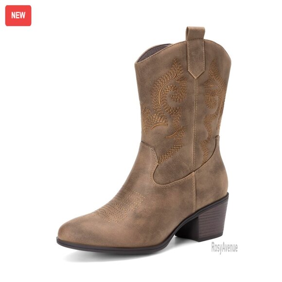 Mid Calf Cowboy Boots with Embroidery Round Toe Chunky Low Heel